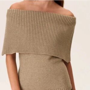 Magaschoni New York tan sweater cowl neck off shoulder sand/ silver knit top